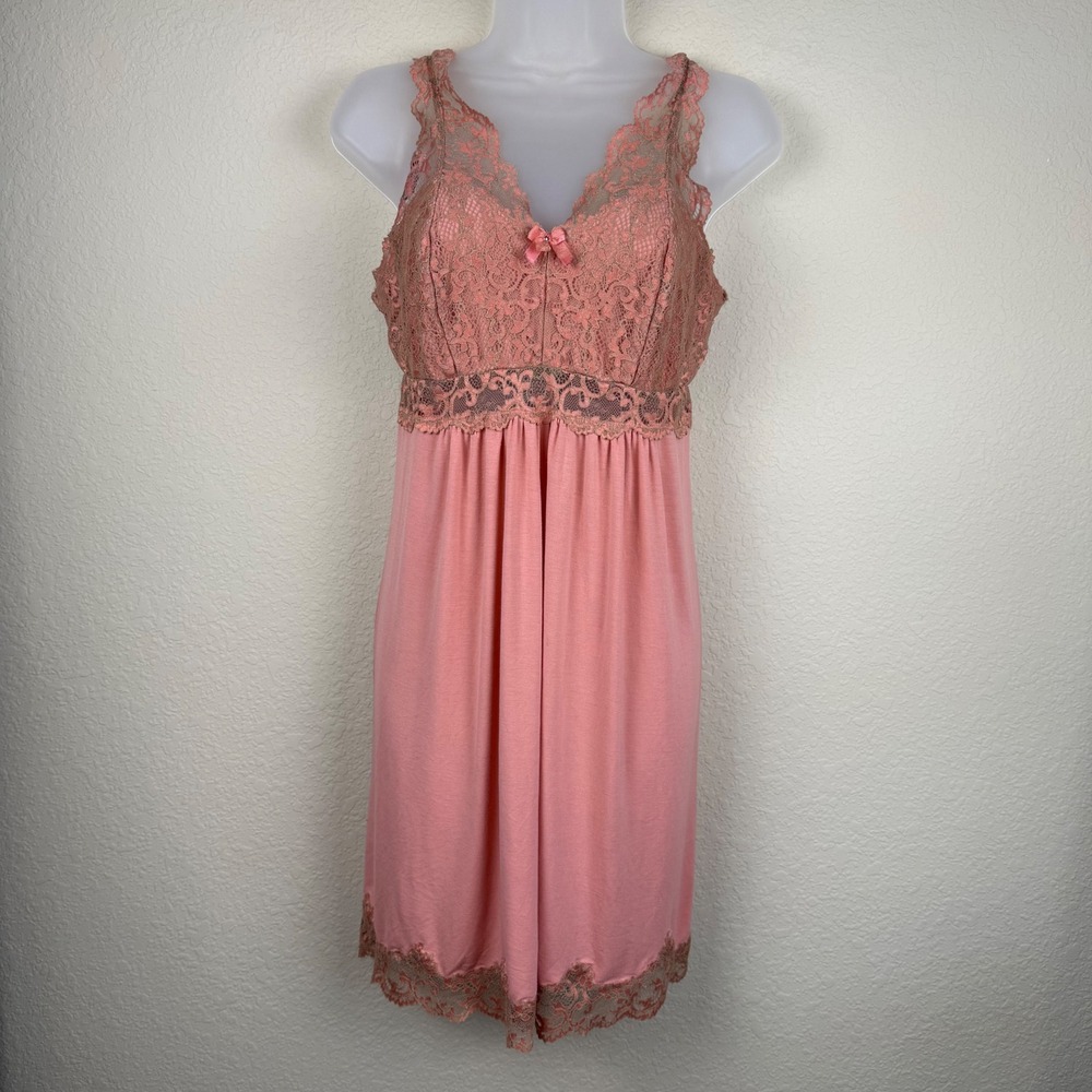 Soma Pink/Peach Lace Trim Chemise Slip Dress Sz L Babydoll Y2K Style Boudoir